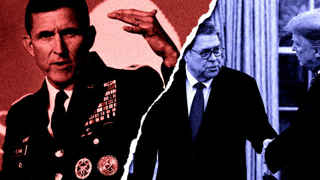 Image of Michael Flynn in a military uniform on the left with a torn edge appears overlaid on top of a photograph of Donald Trump and William Barr Jr.. 