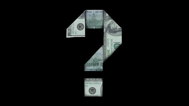 Graphic of a question mark, formed by dollar bills, on a black backgrounf.