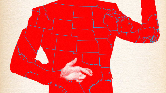 Graphic image of back of person's torso, who is wearing a red jacked with the US states outlined. One arm is behind the back with fingers crossed, the other arm is raised up as if swearing an oath. The torso is visible from  below the neck to hip.