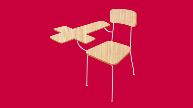 A graphic of a school chair and desk shaped like a cross