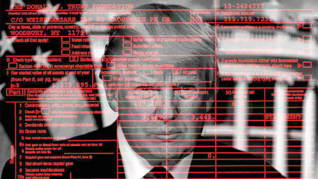 A graphic of President Trump behind a red screen of a tax return