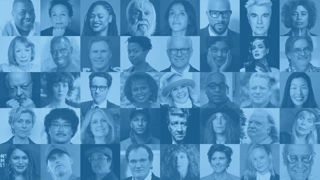 A square grid of 18 portraits in two-tones blue and white. Portraits are of varied adults of various ages and genders.