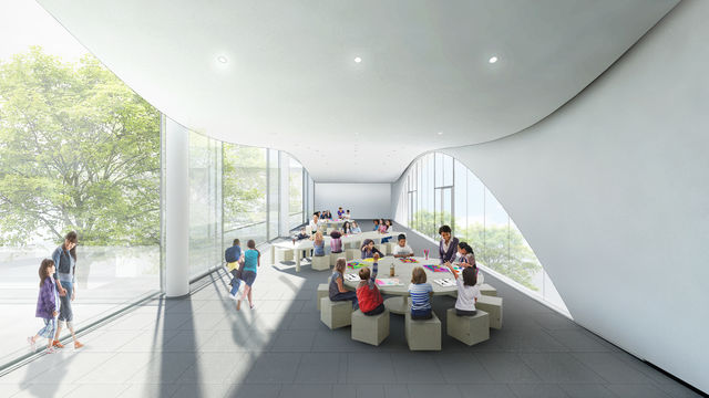 rendering of an indoor/outdoor space in the museum with white walls and bright light. People sit in chairs at tables