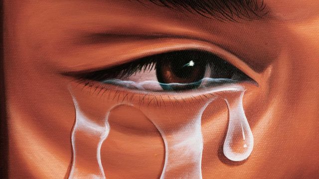 painting showing a close up of a dark-skinned person's eye with tears flowing out. 