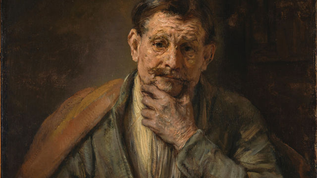 A painting of a man holding his chin in his hand