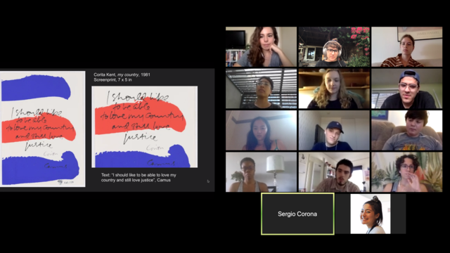 A zoom call with a grid of people on the right and an artwork on the left