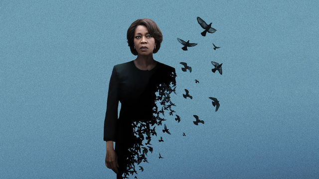 Photograph of a woman in a black dress against a blue background, where the woman's dress dissolves into birds o the right side.