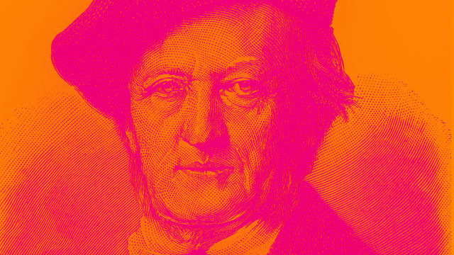 A bright stylized portrait of composer Richard Wagner