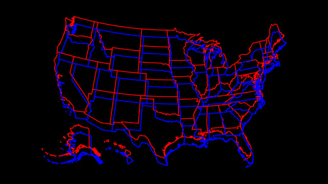 A graphic of a blue United States map overlaid on a red United States map