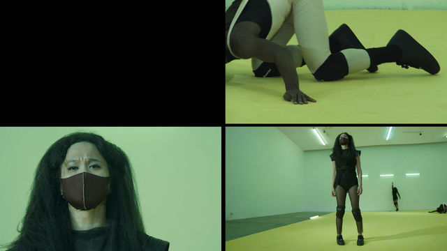 Rectangular image divided into four quadrants. The upper left is black, upper right shows a person kneeling on a yellow floor,  wearing white and black clothes with knee pads and shoes. Bottom right quadrant shows a room with a yellow floor and fluorescent lights on the ceiling with a person standing in the foreground on the floor and two people against the wall in the background. In the lower left quadrant is a person seen from shoulders up, with long black hair, and wearing a cloth mask, looking into sho 