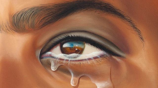 Tears streaming from a brown eye in a close detail of a painting entitled "Mr. Rene # MAN POWER" (2011) by Fulton Leroy Washington (aka "MR. WASH")