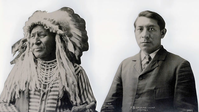 Two photographs of men in black and white, seen from the waist up. The man on the left is dressed in native American dress, and the man on the right is dressed in a suit and tie.