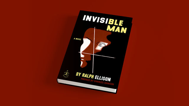 The book "Invisible Man" sits on a solid maroon background. The book cover depicts a graphic image of a face in 3/4 view using white and maroon, with two white perpendiular crossed lines superimposed. The words "a novel" and "BY RALPH ELLISON" also appear o the book cover.