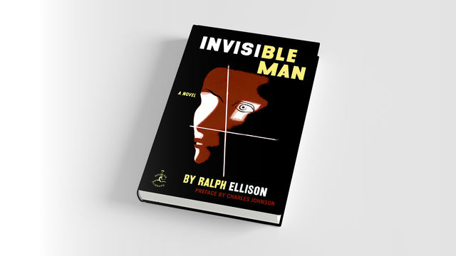 The book "Invisible Man" sits on a solid white background. The book cover depicts a graphic image of a face in 3/4 view using white and maroon, with two white perpendiular crossed lines superimposed. The words "a novel" and "BY RALPH ELLISON" also appear o the book cover.