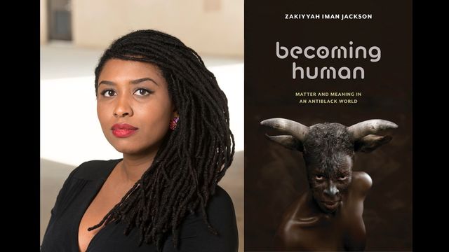 A headshot of a woman next to the cover of her book, entitled Becoming Human