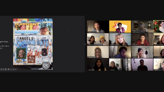 A computer screen shot of a zoom meeting. On the right is a grid of 16 faces , and on the left is an image of a brightly covered artwork with graffitti-like imagery.