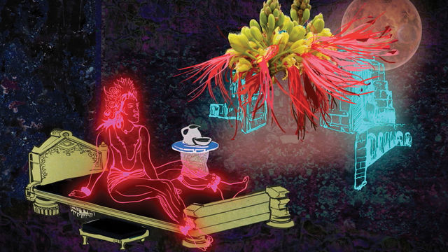 A still from a digital animation titled "Rainbow Body" by artist Chitra Ganesh, showing the neon pink outline of a female figure on a gold platform looking up at  an abstract plant-like object.