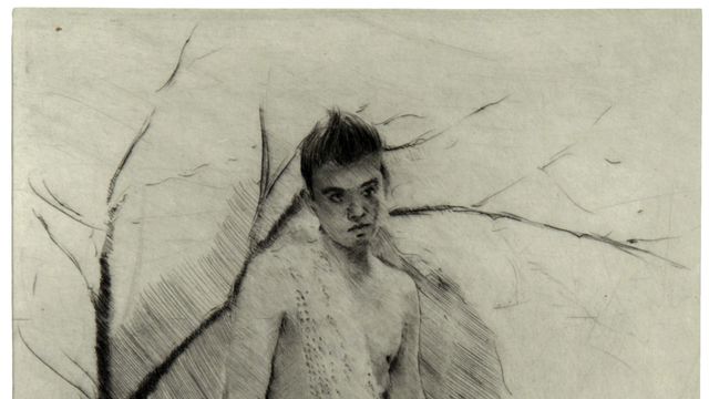 Black and white etching of a standing naked figure with short black hair. A long strip of spotted fabric is draped over their shoulder and nearly reaches the ground. A leafless dark black tree stands in the background.
