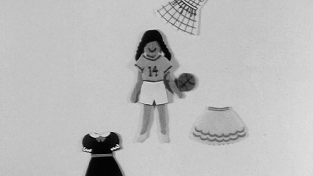 Cutout image of cartoon girl with basketball surrounded by dresses and skirts.