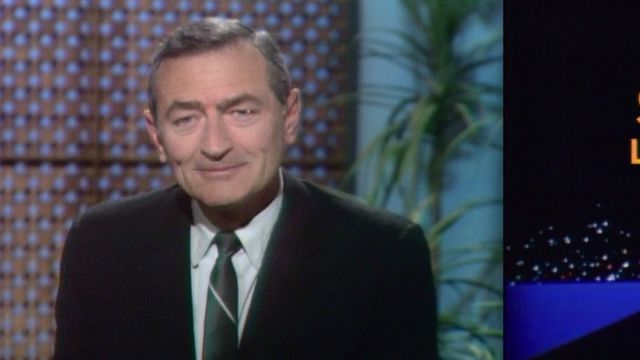 Two images: On left, portrait shot for television of man in a suit. On right, the words "Ralph Story's Los Angeles" typed above drawing of city.