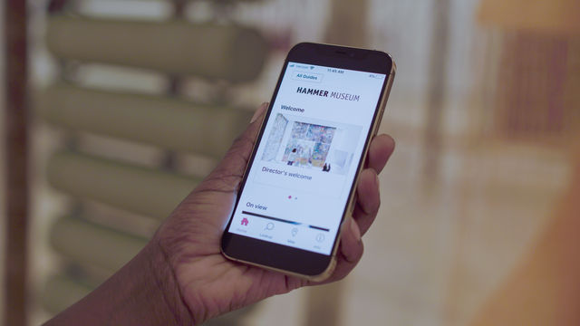 Close-up of a hand holding a mobile phone with the screen facing the camera, showing the Hammer Museum guide on the phone's Bloomberg Connects app