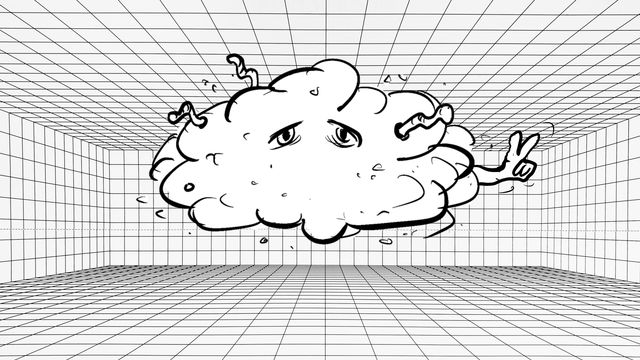 A black and white illustration of a cartoonish, anthropomorphic cloud giving a peace sign and floating in a three-dimensional room with floor-to-ceiling grid of squares