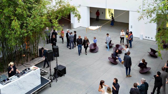 People walking around the Hammer Courtyard