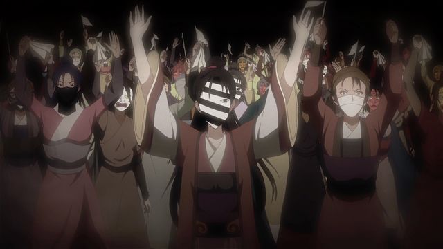 Anime characters wearing robes and masks stand with their arms raised with angry expressions. 