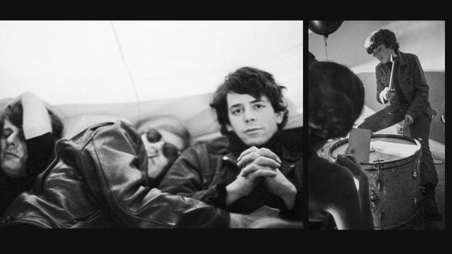 Still from the film "The Velvet Underground" (2021) showing black and white images of the band members