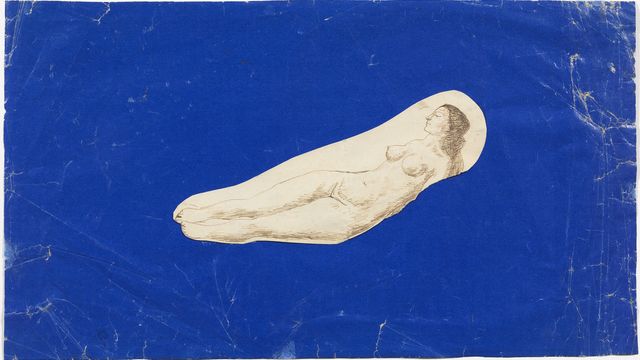 Drawing of a nude woman lying among a blue background.