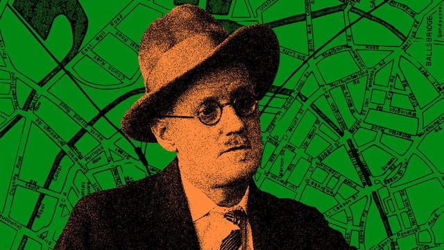 Photo illustration with James Joyce tinted orange with a green map of Dublin in the background