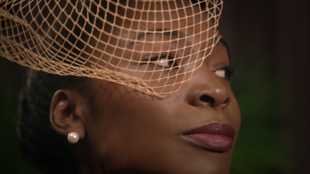 Closeup of a woman's face in a veil.