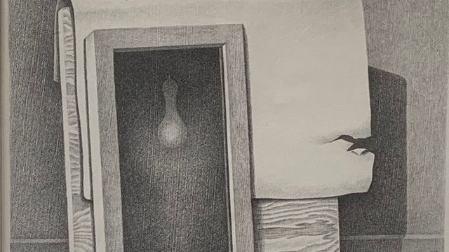 Drawing of a chair with a wooden slab and frame sitting on top of it.