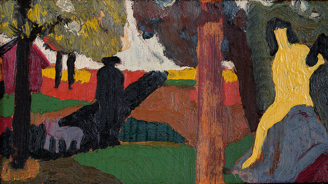 Abstract landscape painting with a nude figure.