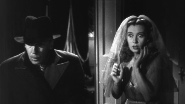 A man in a fedora holds a flashlight. A woman in a veil looks stunned. 