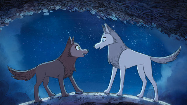 Two cartoon wolves stand, looking at each other.