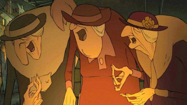 Three older cartoon women stand, wearing hats.