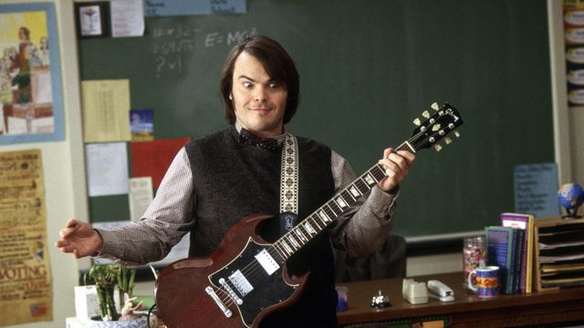 Jack Black stands wide eyed holding guitar.