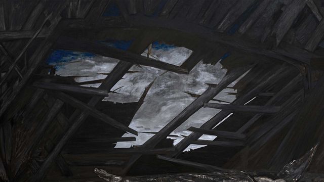 Dark-hued painting of a view of the sky through a hole in a roof