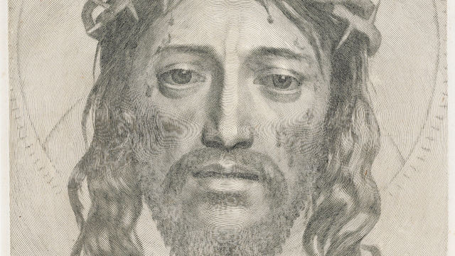 Detailed pencil portrait of man with long hair and beard wearing crown of branches
