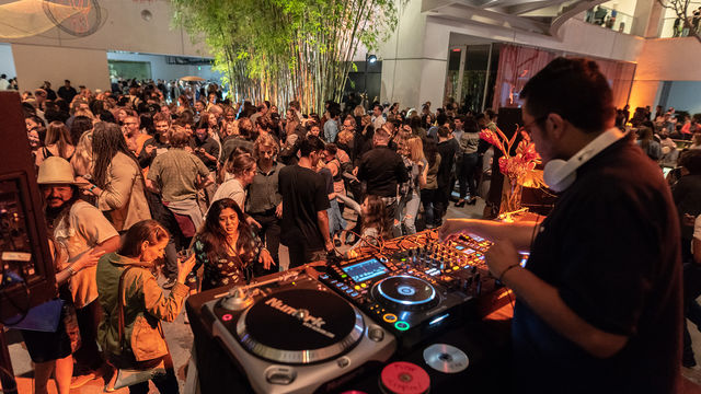 Photograph of a crowd of people dancing to a DJ in the foreground