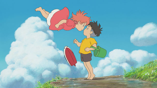 Still from Ponyo, showing two animated characters, one floating in the air. Credit: Photofest/Walt Disney Pictures