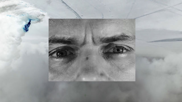 Black and white close up of a face, inset over an image of clouds