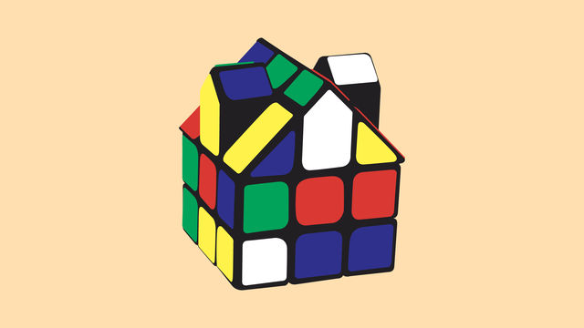 Graphic of a Rubik's Cube in the shape of a house