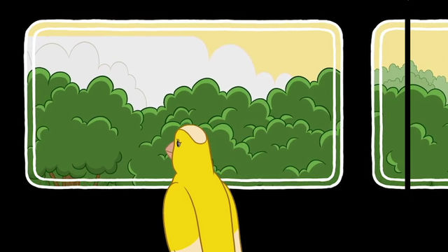 Three channel video installation showing an animated yellow bird looking out the window of a train