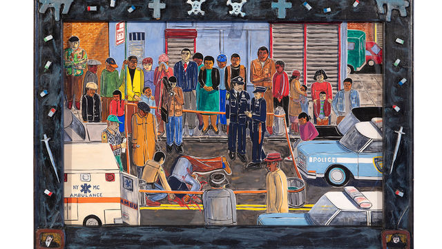 Painting of a street scene with a dead body laying in the street surrounded by police, cameramen, and bystanders