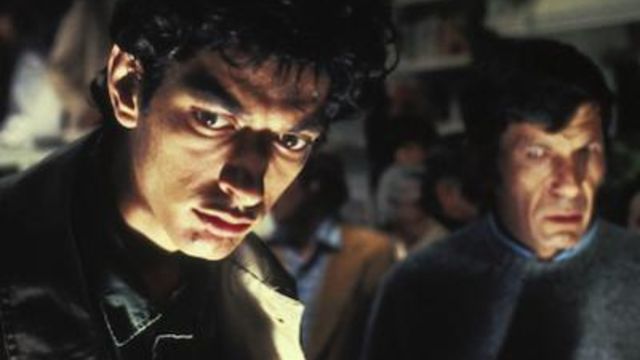 Jeff Goldblum and Leonard Nimoy, seen in medium close-up