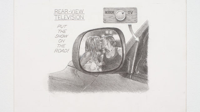 Drawn schematic of a rear-view mirror with the option to turn into a TV