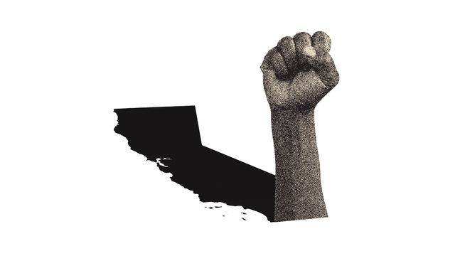 A hand raised in a Black power fist, with a shadow in the shape of California