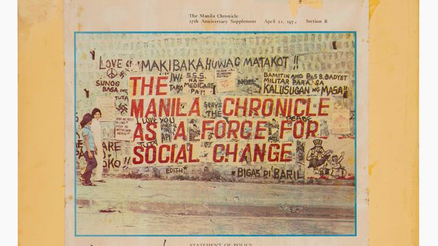 Sheet of paper with the message "THE MANILA CHRONICLE AS A FORCE FOR SOCIAL CHANGE"
